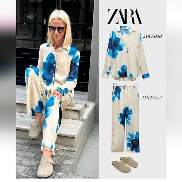 ZARA Printed Floral Satin Effect top In Ecru and Blue - Picture 10 of 12